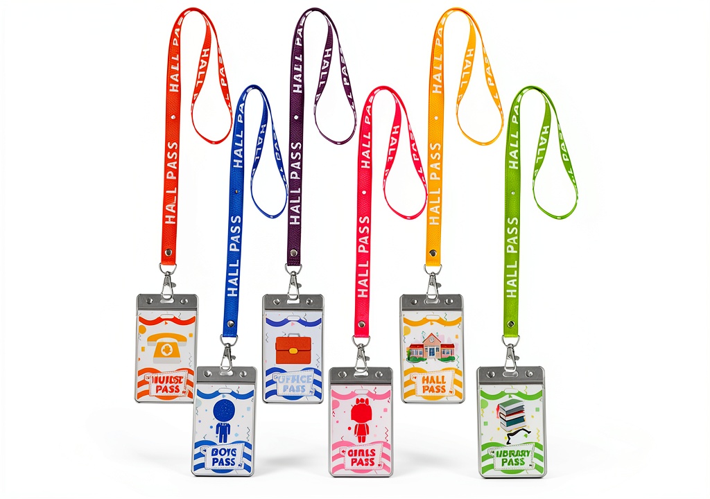 Installing BESARME Hall Passes with Lanyards 6 Pack PVC Classroom on a wooden desk