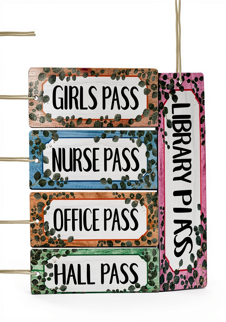 Eucalyptus hall passes on a classroom whiteboard